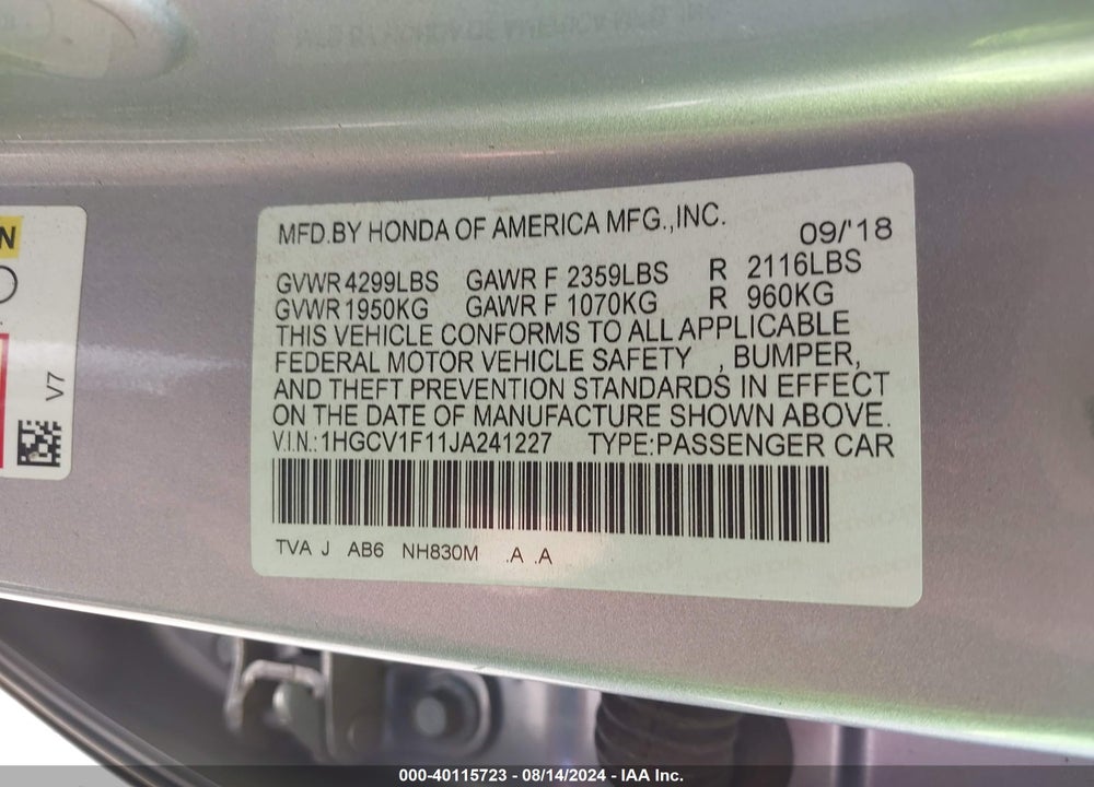 2018 HONDA ACCORD LX VIN: 1HGCV1F11JA241227
