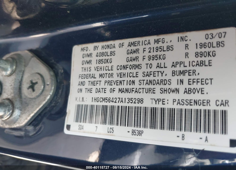 2007 HONDA ACCORD VIN: 1HGCM56427A135298