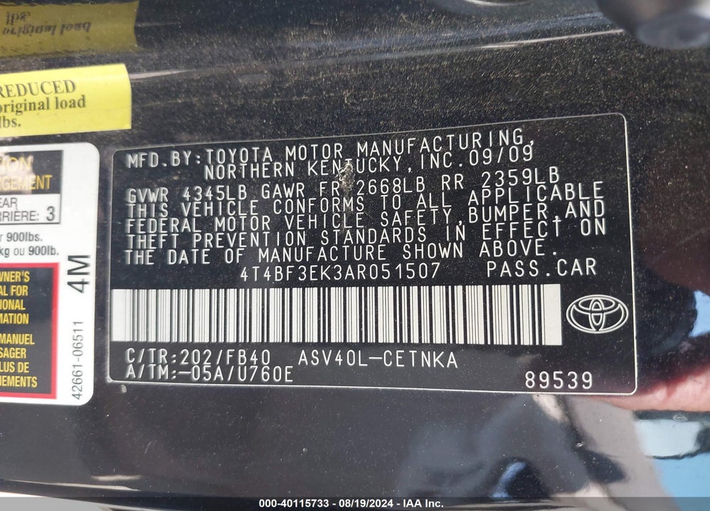 2010 TOYOTA CAMRY VIN: 4T4BF3EK3AR051507