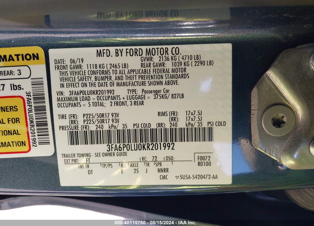 2019 FORD FUSION HYBRID SE VIN: 3FA6P0LU0KR201992