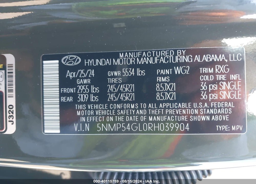 2024 HYUNDAI SANTA FE CALLIGRAPHY VIN: 5NMP54GL0RH039904