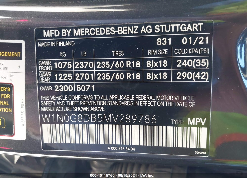 2021 MERCEDES-BENZ GLC 300 SUV VIN: W1N0G8DB5MV289786