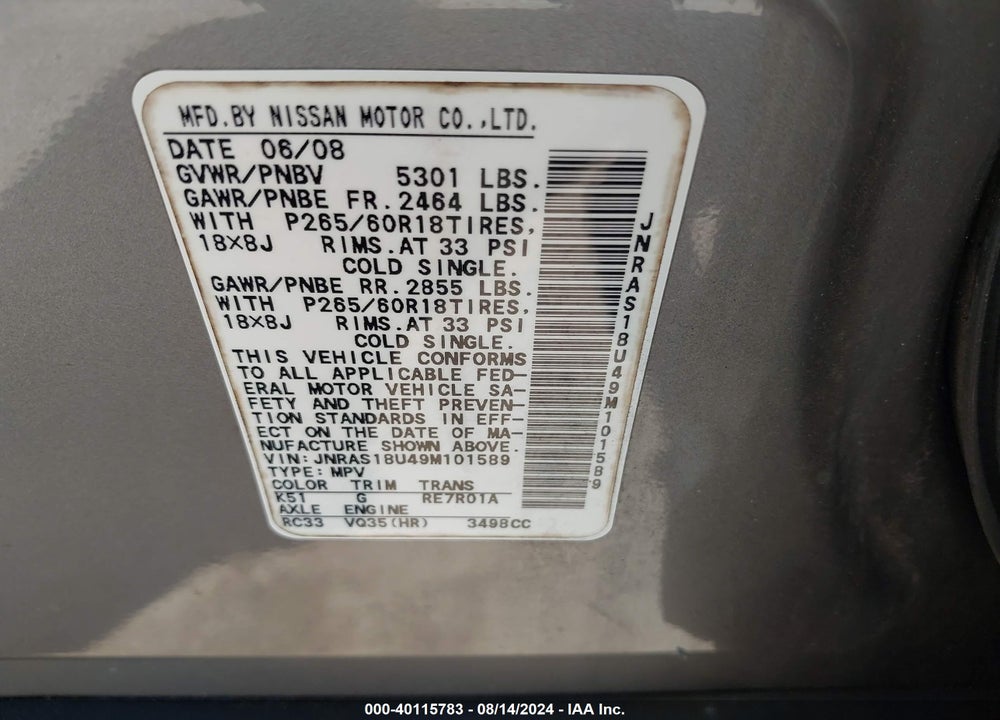 2009 INFINITI FX35 VIN: JNRAS18U49M101589