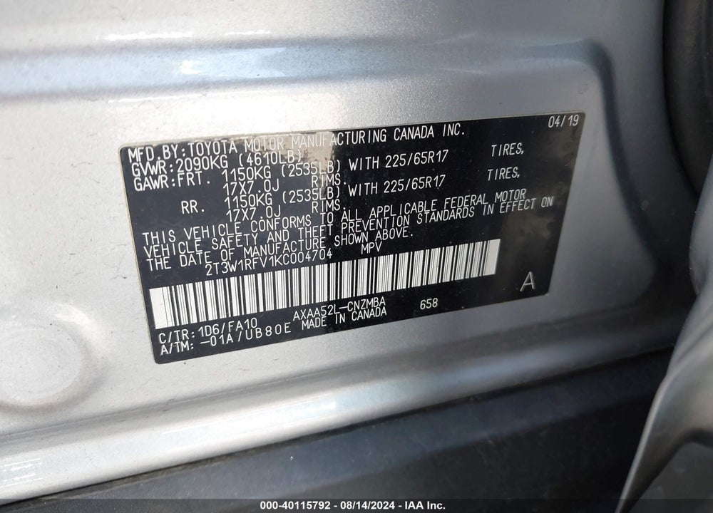 2019 TOYOTA RAV4 XLE VIN: 2T3W1RFV1KC004704