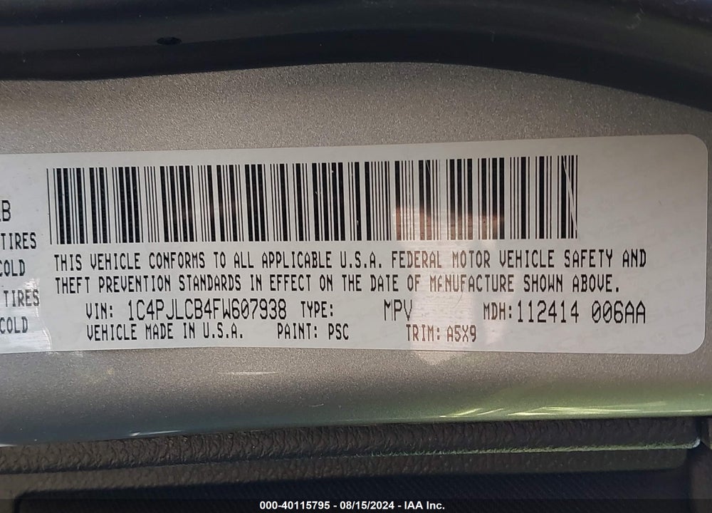 2015 JEEP CHEROKEE LATITUDE VIN: 1C4PJLCB4FW607938