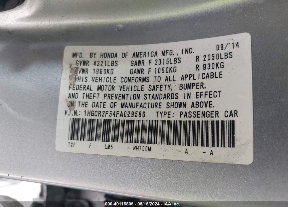 2015 HONDA ACCORD SPORT VIN: 1HGCR2F54FA029586