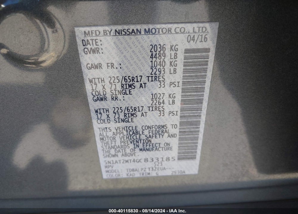 2016 NISSAN ROGUE S VIN: 5N1AT2MT4GC833185