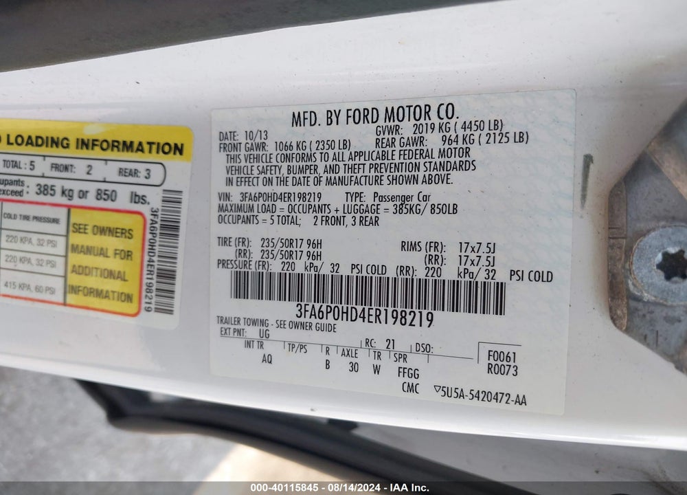 2014 FORD FUSION SE VIN: 3FA6P0HD4ER198219