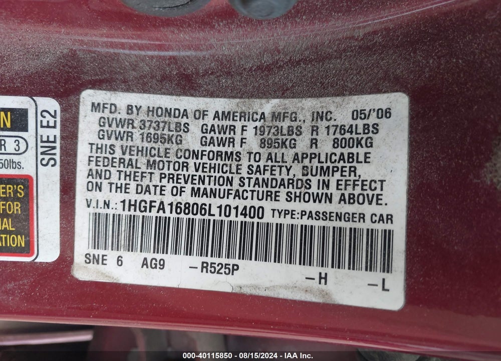 2006 HONDA CIVIC EX VIN: 1HGFA16806L101400