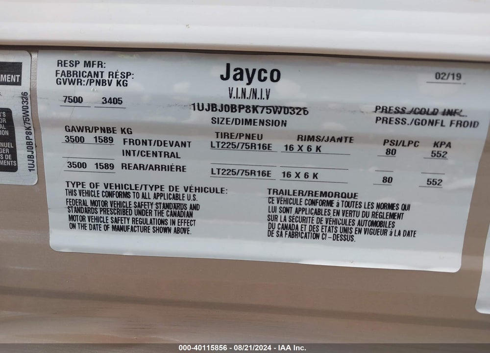 2019 JAYCO JAY FLIGHT VIN: 1UJBJ0BP8K75W0326