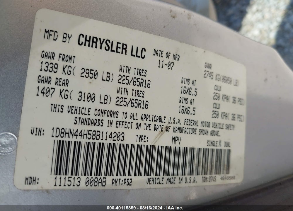 2008 DODGE GRAND CARAVAN SE VIN: 1D8HN44H58B114203