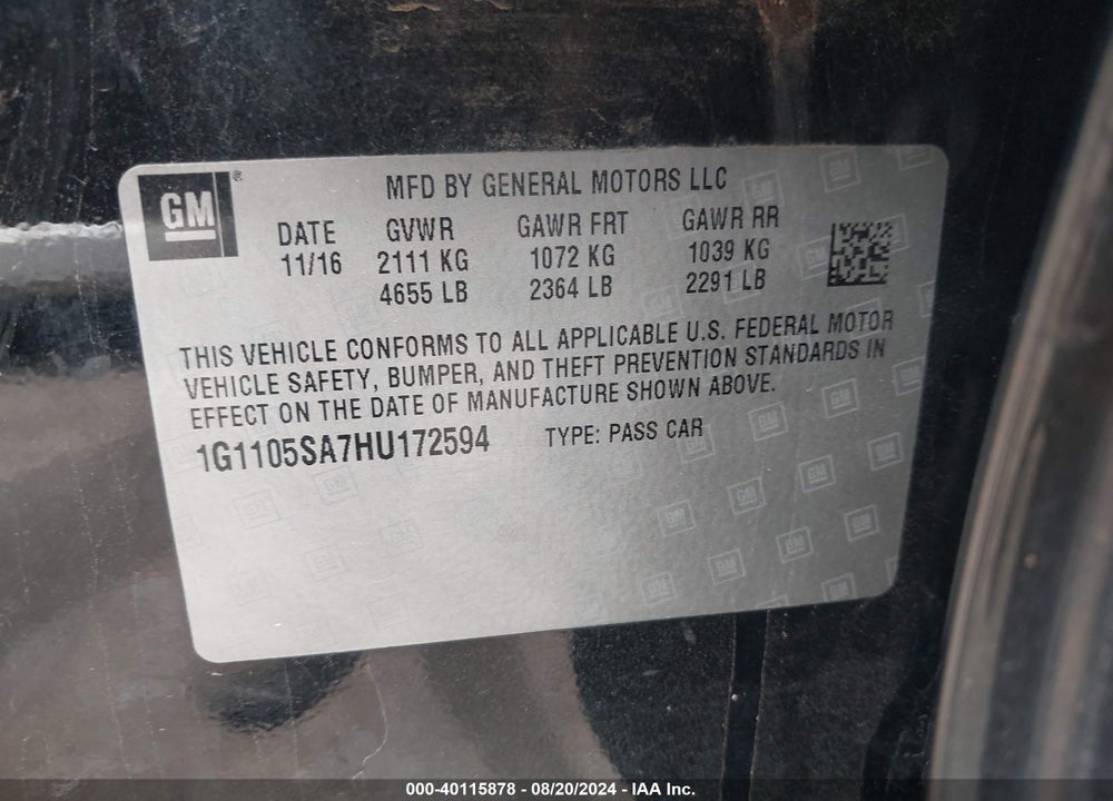2017 CHEVROLET IMPALA 1LT VIN: 1G1105SA7HU172594