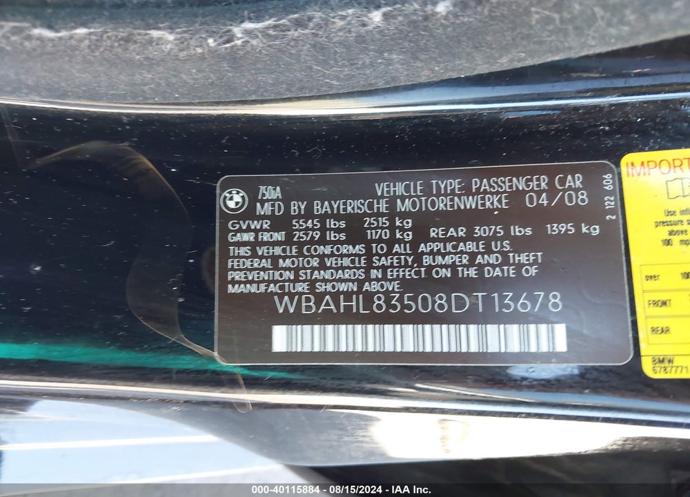 2008 BMW 750I VIN: WBAHL83508DT13678