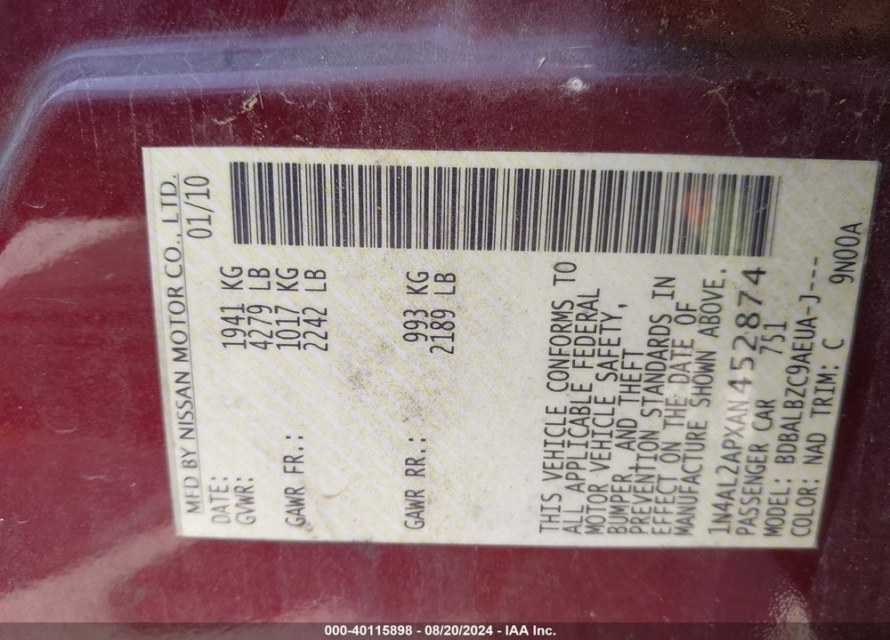 2010 NISSAN ALTIMA 2.5 S VIN: 1N4AL2APXAN452874
