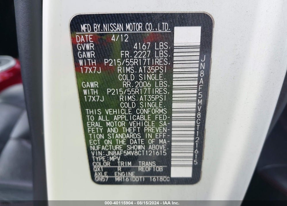 2012 NISSAN JUKE SL VIN: JN8AF5MV8CT121615