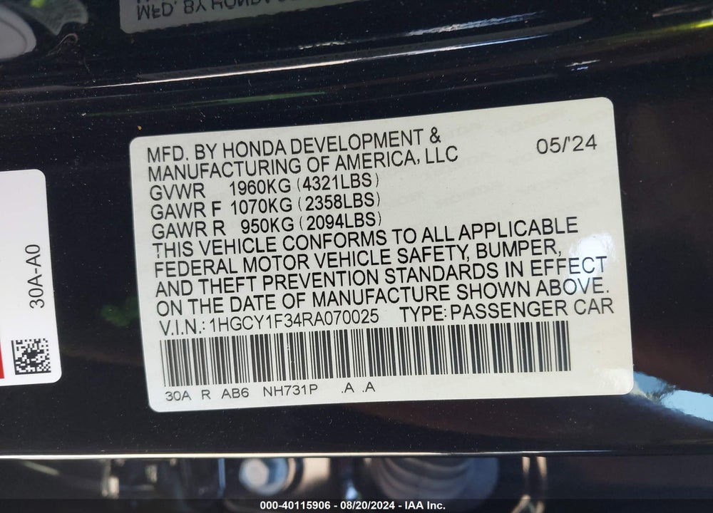 2024 HONDA ACCORD EX VIN: 1HGCY1F34RA070025
