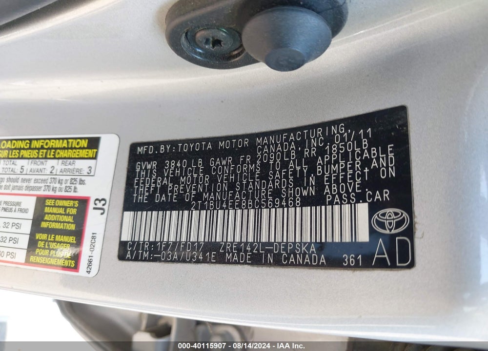 2011 TOYOTA COROLLA S VIN: 2T1BU4EE8BC569468