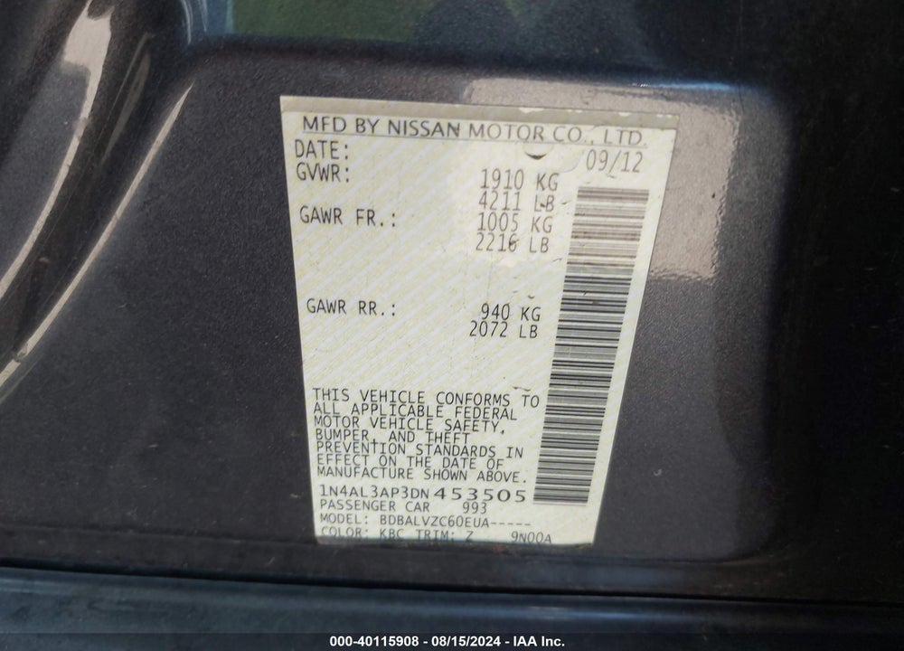 2013 NISSAN ALTIMA 2.5 SL VIN: 1N4AL3AP3DN453505