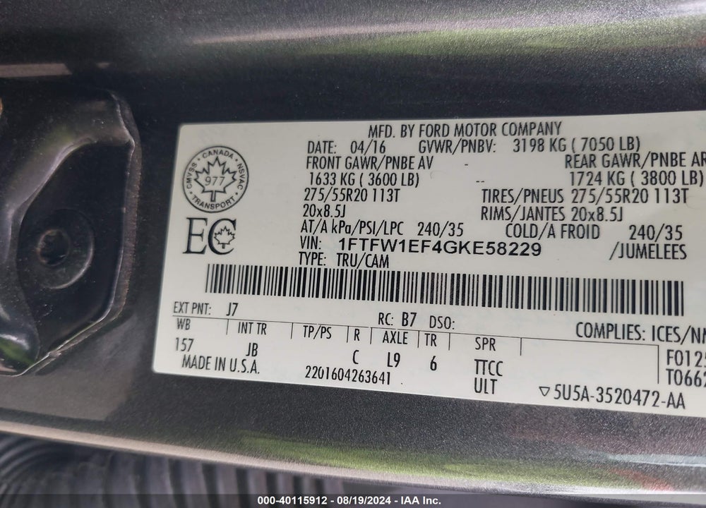2016 FORD F-150 XLT VIN: 1FTFW1EF4GKE58229