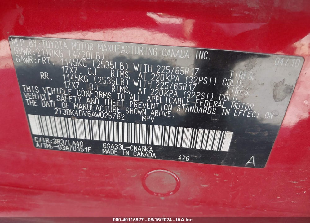 2010 TOYOTA RAV4 LIMITED V6 VIN: 2T3DK4DV6AW025782