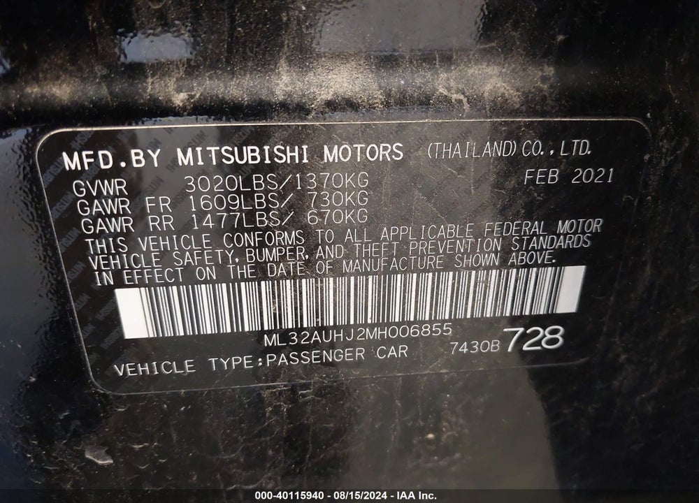 2021 MITSUBISHI MIRAGE VIN: ML32AUHJ2MH006855