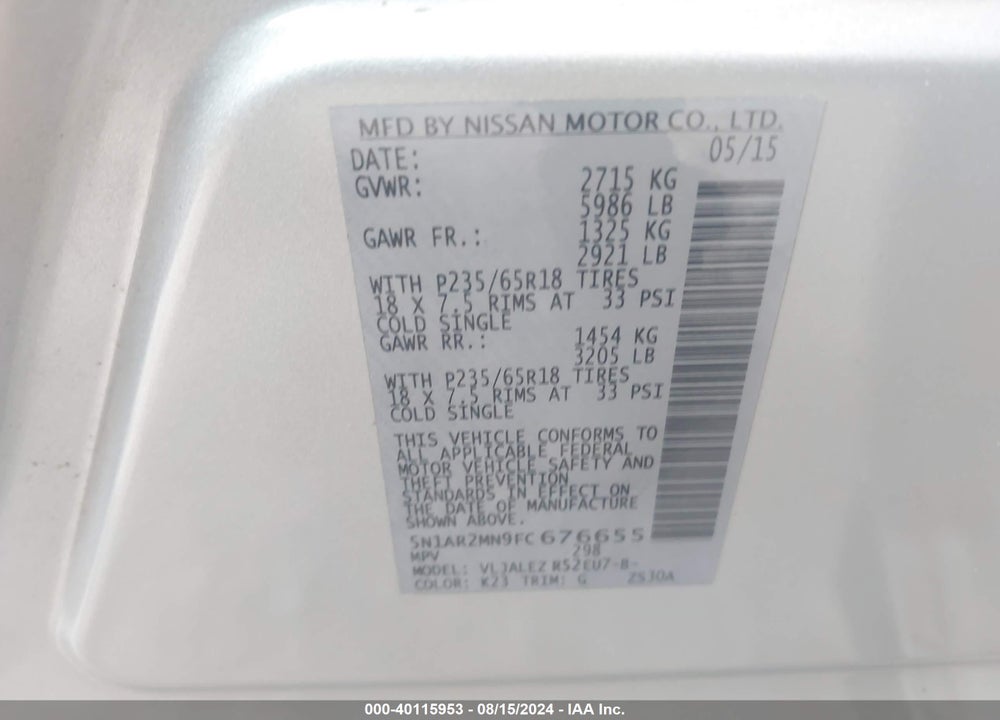 2015 NISSAN PATHFINDER PLATINUM/S/SL/SV VIN: 5N1AR2MN9FC676655