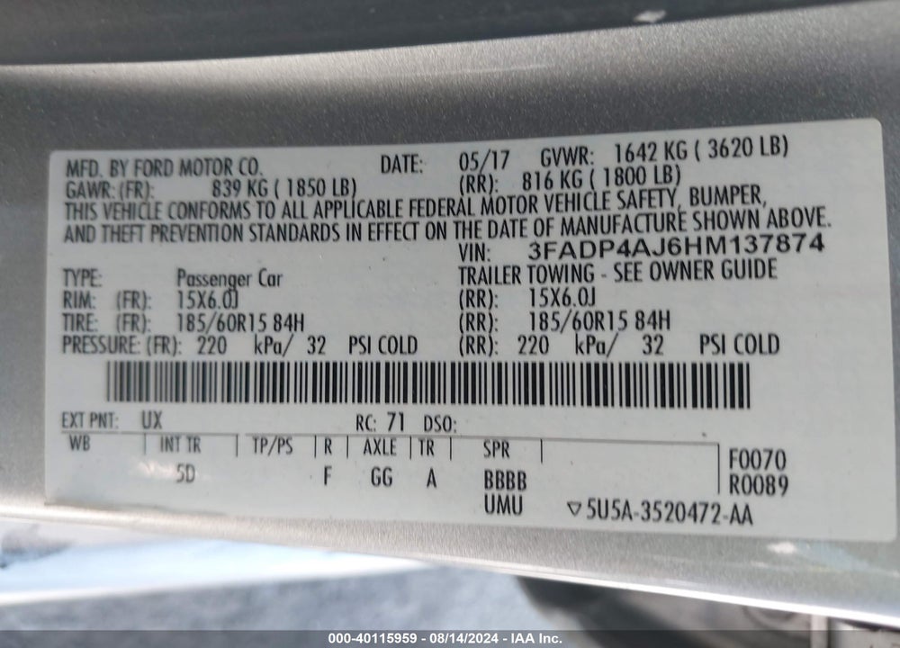2017 FORD FIESTA S VIN: 3FADP4AJ6HM137874