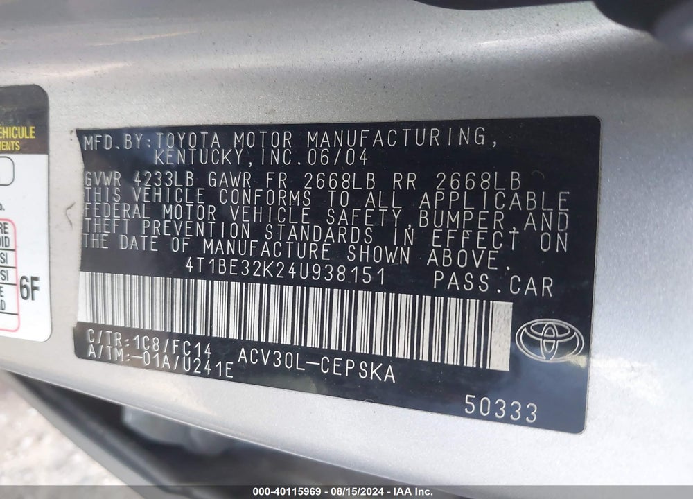 2004 TOYOTA CAMRY SE VIN: 4T1BE32K24U938151