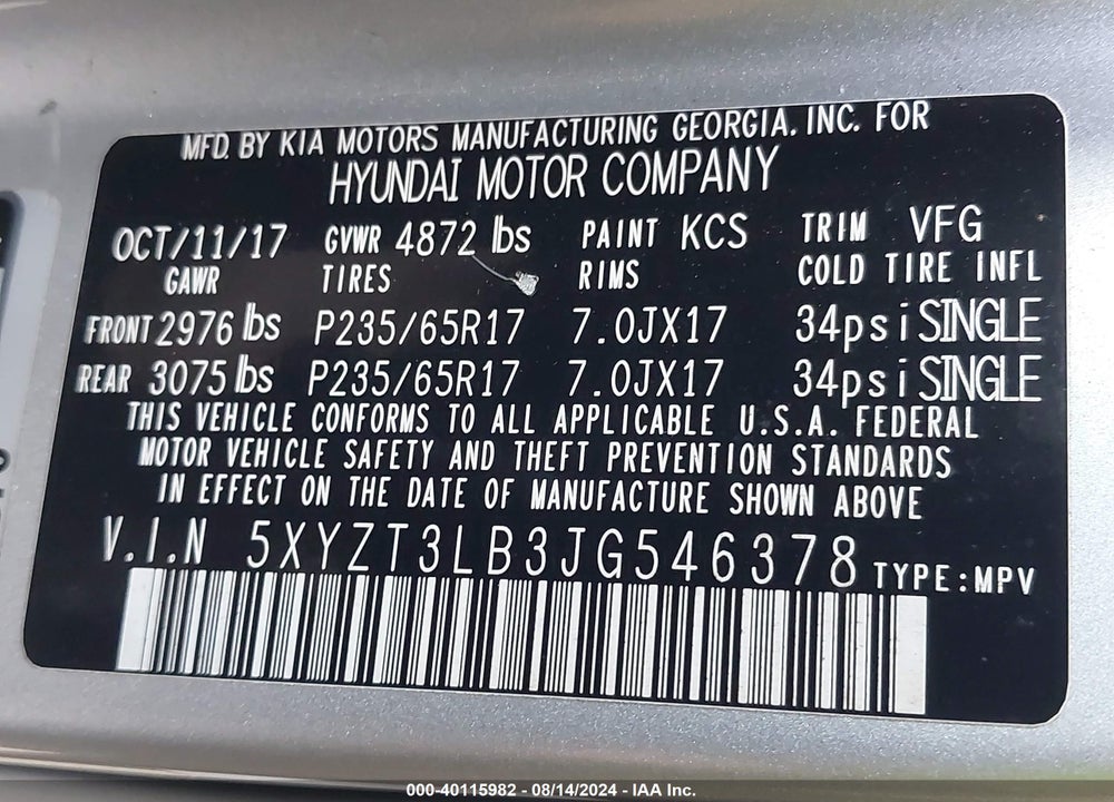 2018 HYUNDAI SANTA FE SPORT 2.4L VIN: 5XYZT3LB3JG546378