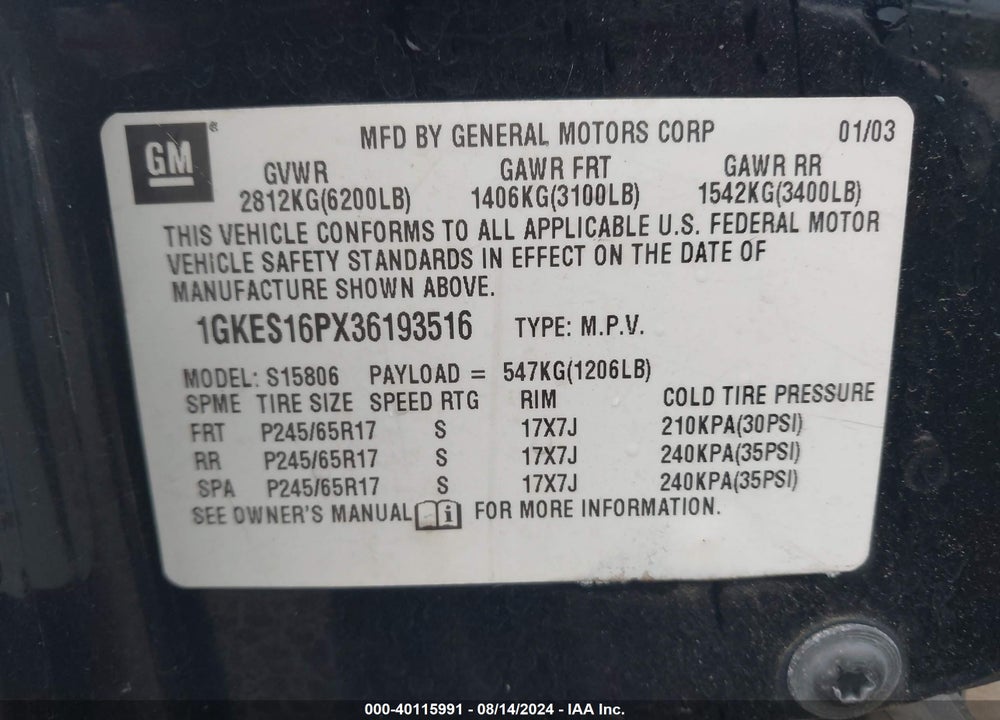 2003 GMC ENVOY XL SLT VIN: 1GKES16PX36193516