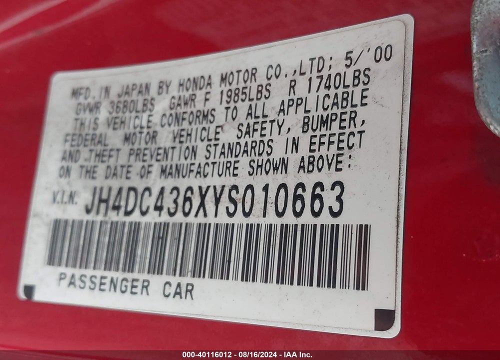 2000 ACURA INTEGRA GS VIN: JH4DC436XYS010663