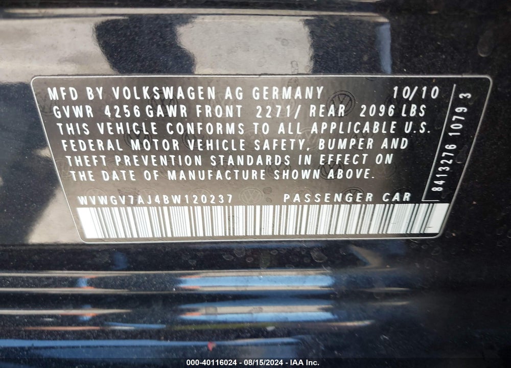 2011 VOLKSWAGEN GTI 4-DOOR VIN: WVWGV7AJ4BW120237