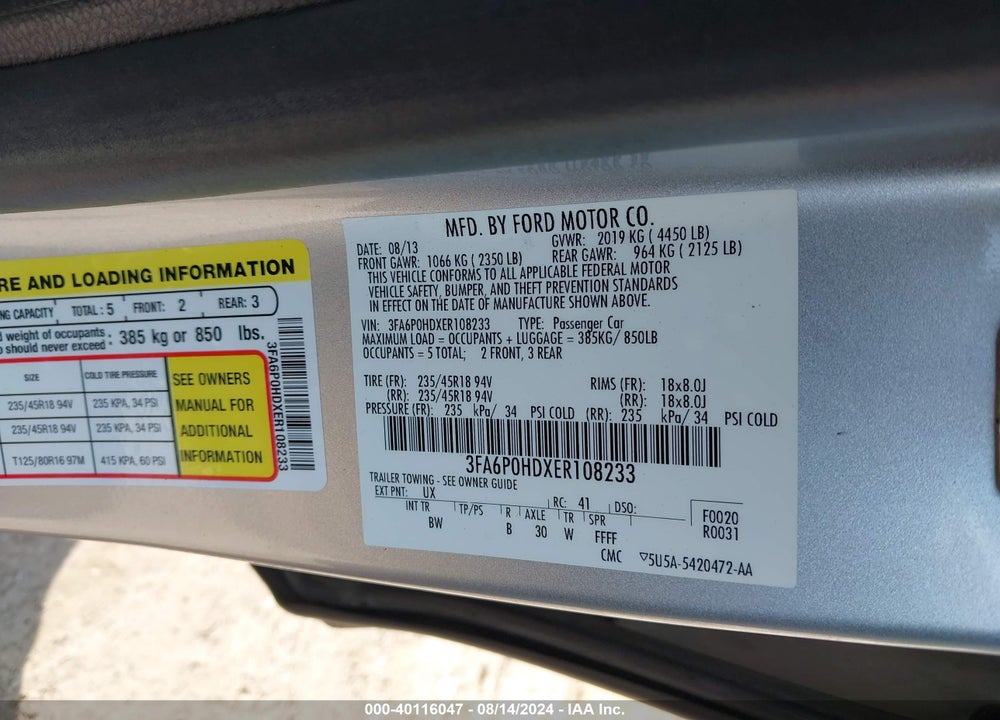 2014 FORD FUSION SE VIN: 3FA6P0HDXER108233