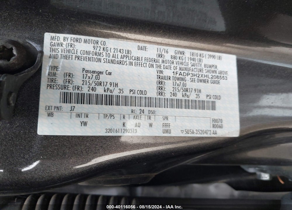 2017 FORD FOCUS SEL VIN: 1FADP3H2XHL208553