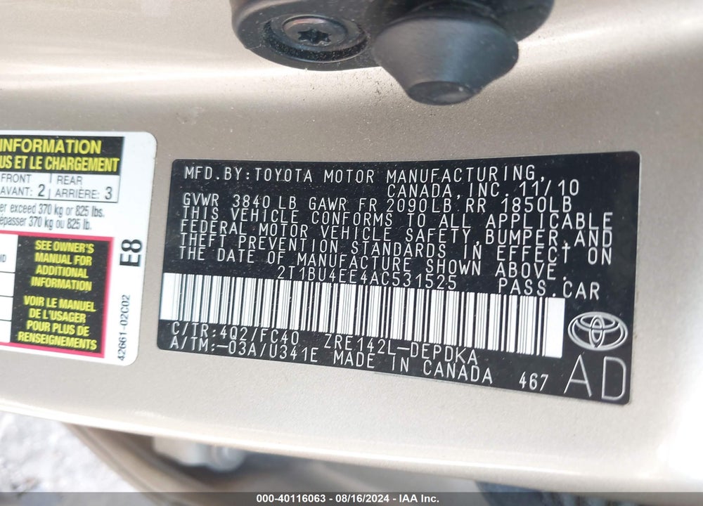 2010 TOYOTA COROLLA VIN: 2T1BU4EE4AC531525