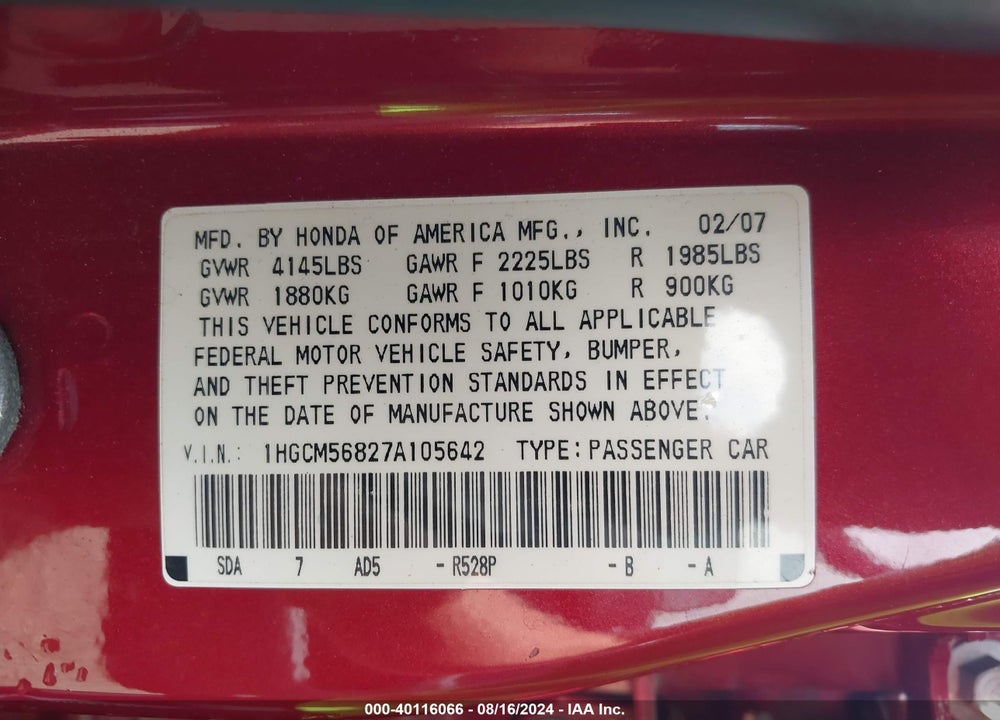 2007 HONDA ACCORD 2.4 EX VIN: 1HGCM56827A105642