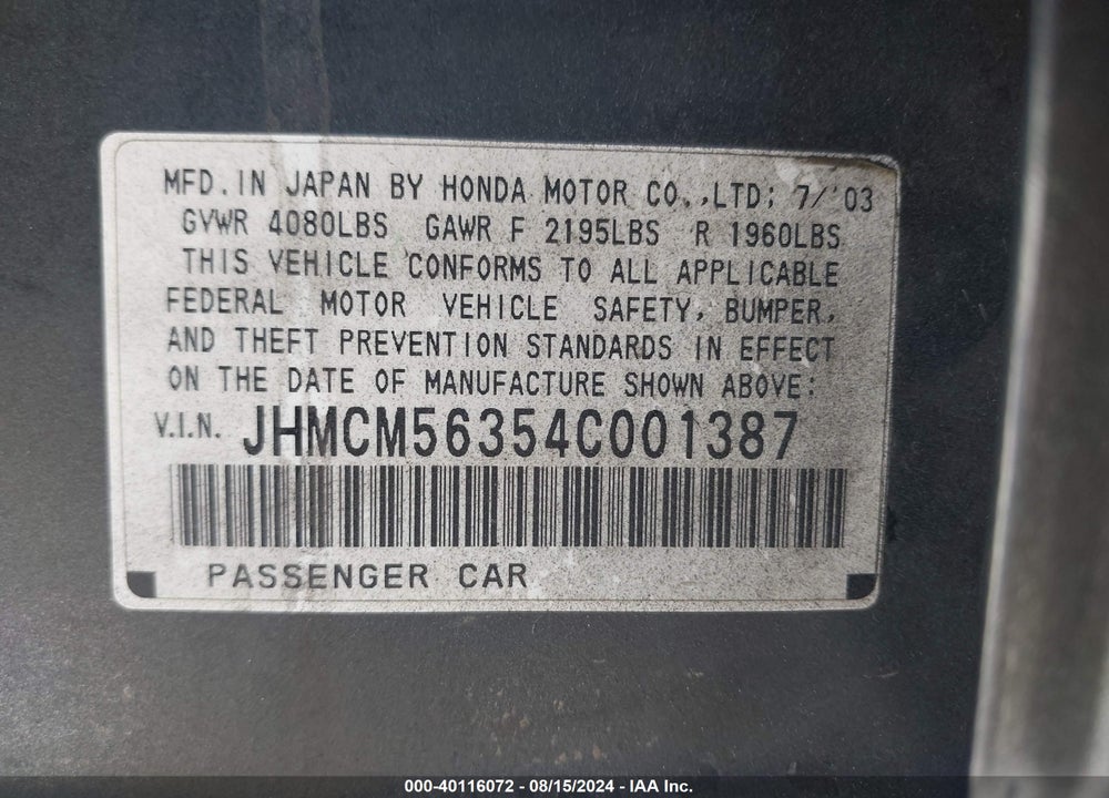 2004 HONDA ACCORD 2.4 LX VIN: JHMCM56354C001387