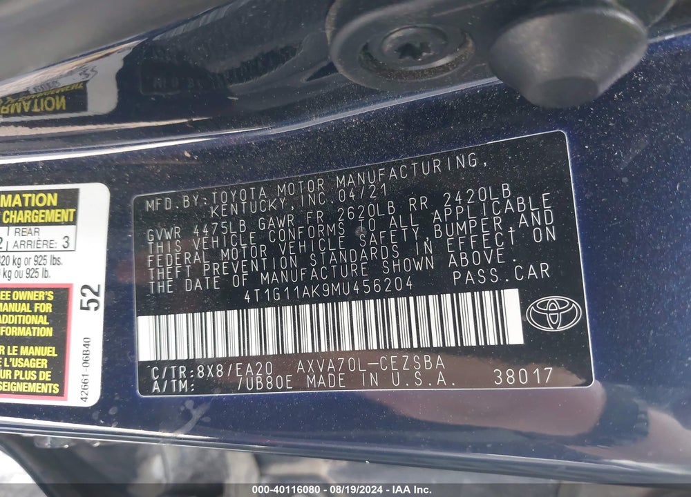 2021 TOYOTA CAMRY SE VIN: 4T1G11AK9MU456204