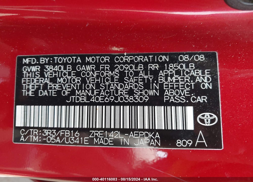 2009 TOYOTA COROLLA LE VIN: JTDBL40E69J038309