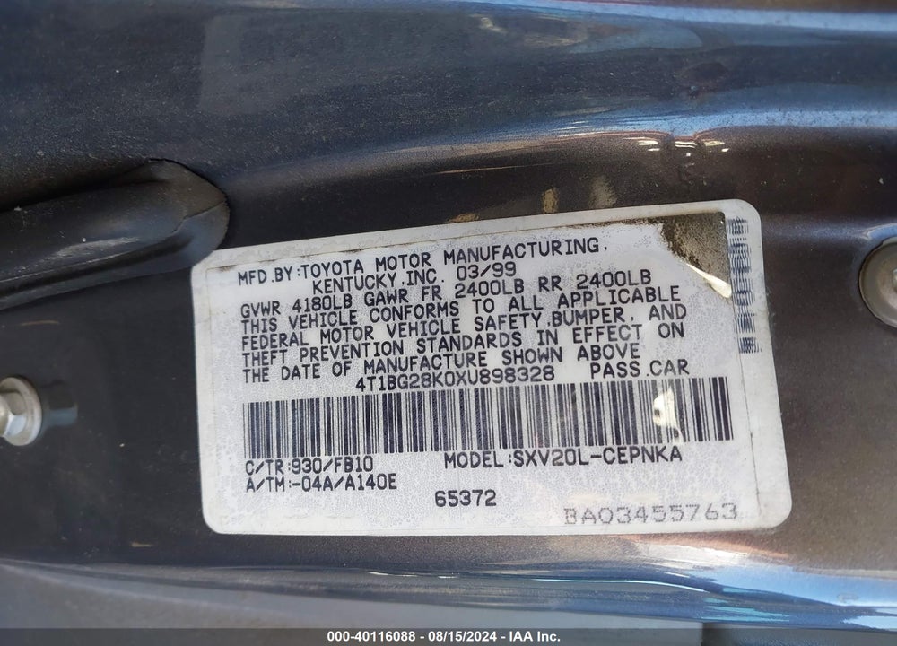 1999 TOYOTA CAMRY LE VIN: 4T1BG28K0XU898328
