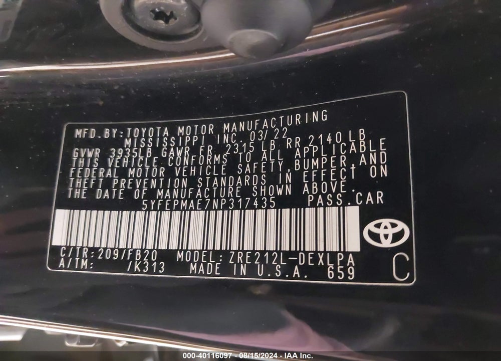 2022 TOYOTA COROLLA VIN: 5YFEPMAE7NP317435