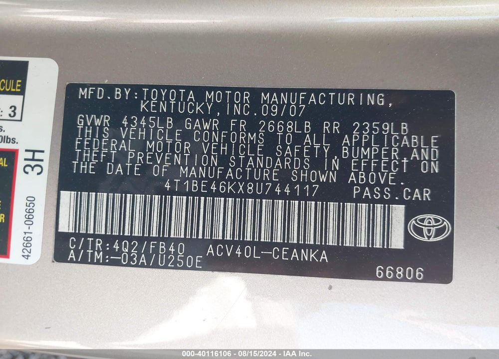 2008 TOYOTA CAMRY LE VIN: 4T1BE46KX8U744117
