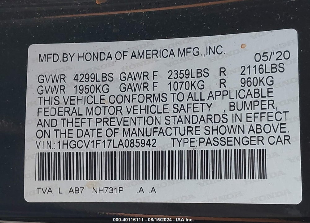2020 HONDA ACCORD LX VIN: 1HGCV1F17LA085942