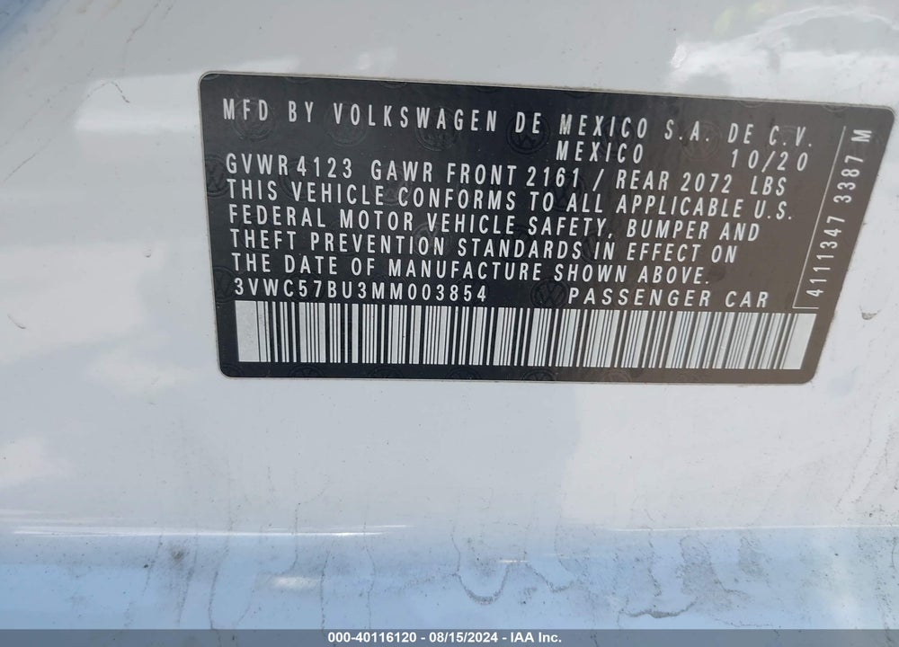 2021 VOLKSWAGEN JETTA 1.4T R-LINE/1.4T S/1.4T SE VIN: 3VWC57BU3MM003854