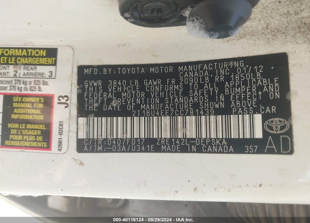 2012 TOYOTA COROLLA S VIN: 2T1BU4EE7CC781439