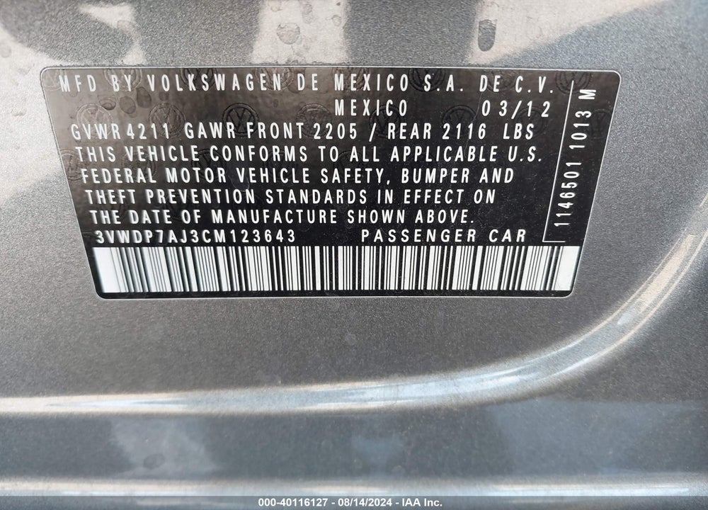 2012 VOLKSWAGEN JETTA 2.5L SE VIN: 3VWDP7AJ3CM123643