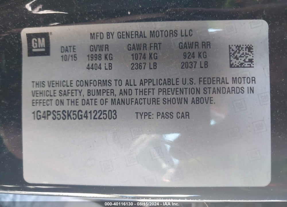 2016 BUICK VERANO LEATHER GROUP VIN: 1G4PS5SK5G4122503