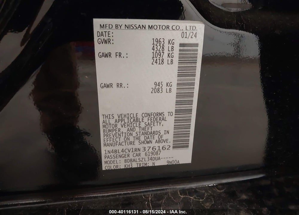 2024 NISSAN ALTIMA SR FWD VIN: 1N4BL4CV1RN376162