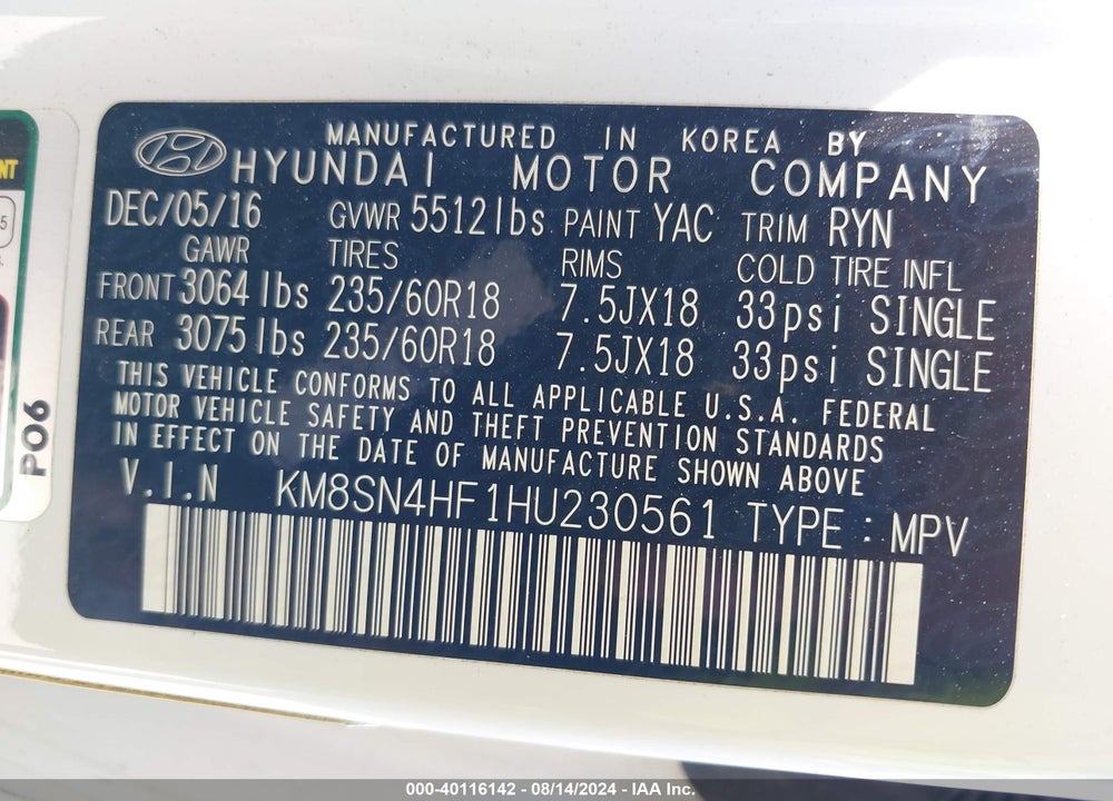2017 HYUNDAI SANTA FE SE VIN: KM8SN4HF1HU230561