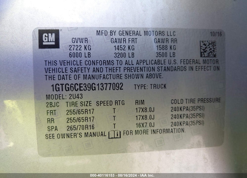 2016 GMC CANYON SLE VIN: 1GTG6CE39G1377092